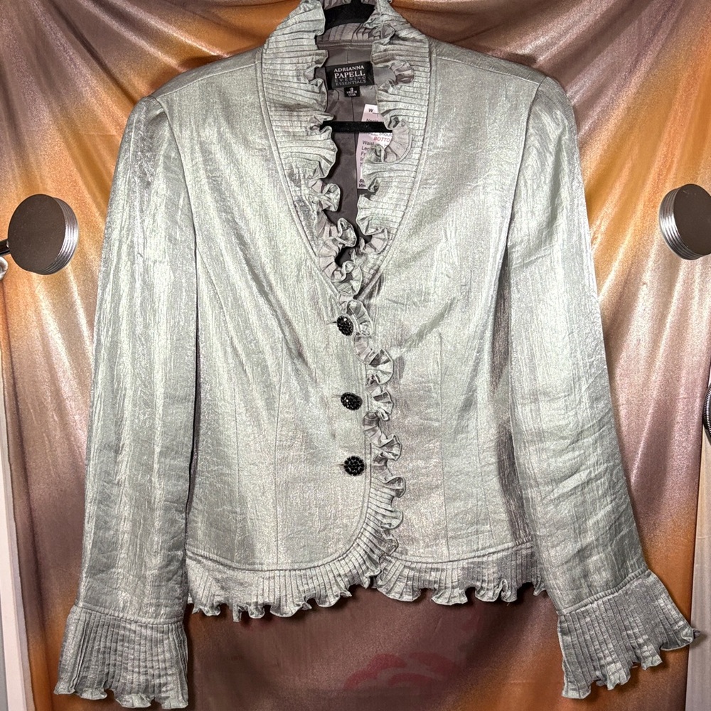 Adrianna Papell Evening Essentials Silver Ruffle-Trim Blazer D2 statement collar